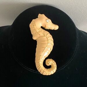 Gold Tone Beige Enamel Oversized Seahorse Brooch